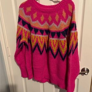450- Bright Pink Fair Isle Crewneck Sweater with Yellow & Navy Accents